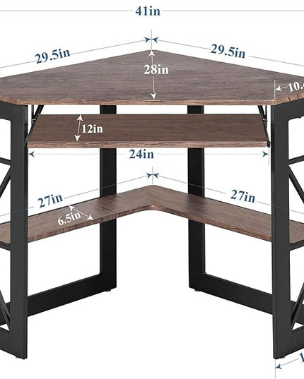 VECELO Corner Computer Desk Writing Smooth Keyboard Tray & Storage Shelves,Compact Home Office Triangle Table, Rustic Natural Brown - LeafyLoom