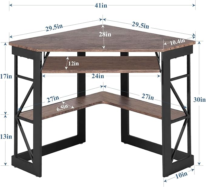 VECELO Corner Computer Desk Writing Smooth Keyboard Tray & Storage Shelves,Compact Home Office Triangle Table, Rustic Natural Brown - LeafyLoom