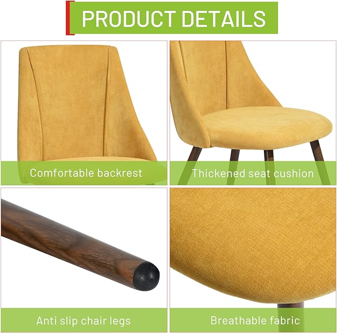 FurnitureR Dining Chairs Set of 2 Modern Fabric Upholstered Side Chairs Accent Chair Lving Room Chair with Soft Seat/Metal Legs for Home Kitchen Restaurant, Yellow - LeafyLoom