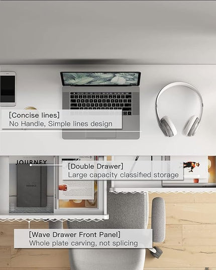 White Vanity Desk with 2 Drawers, Silver and White Desk,Home Office Desk Modern Makeup Vanity Table with Glossy Desktop,Writing Computer Standing Desk with Wood Top and Metal Legs - LeafyLoom
