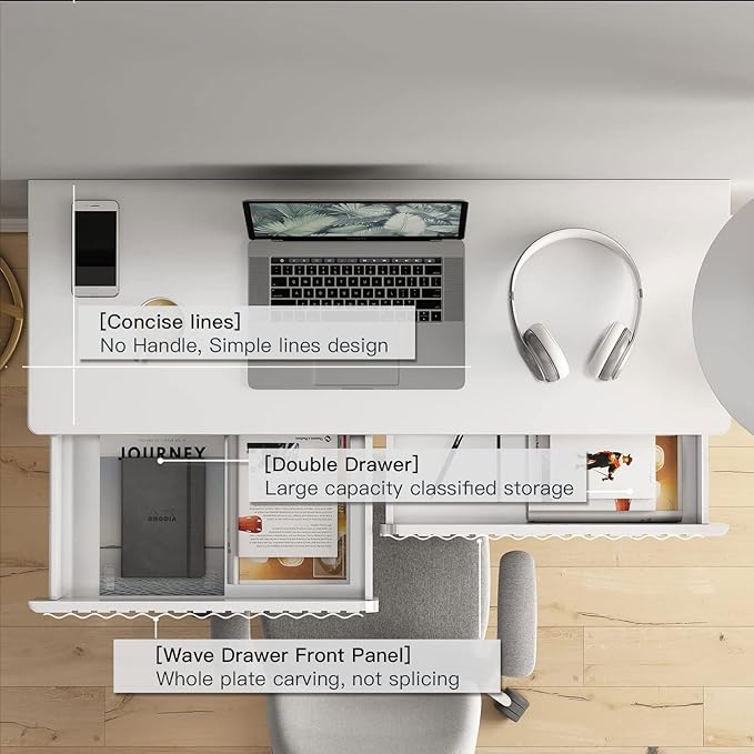 White Vanity Desk with 2 Drawers, Silver and White Desk,Home Office Desk Modern Makeup Vanity Table with Glossy Desktop,Writing Computer Standing Desk with Wood Top and Metal Legs - LeafyLoom