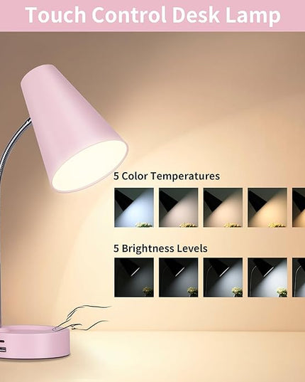 RUNTOP Pink Desk Lamp, Desk Lamps for Home Office, Desk Light for Kids, Desktop/Computer Study Lamps, Bedrooms Adjustable Gooseneck Reading Lamp with USB Port, 5 Brightness Levels, 5 Color Temperature - LeafyLoom