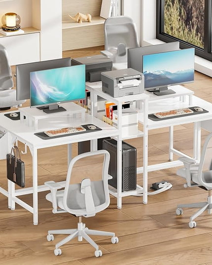 Furologee 2 Person Gaming Desk with LED Lights, 71 Inch Computer Desk with Power Outlets and Monitor Stand, Double Desk with Storage Bag and Headphone Hooks, Study Writing Table for Home Office, White - LeafyLoom