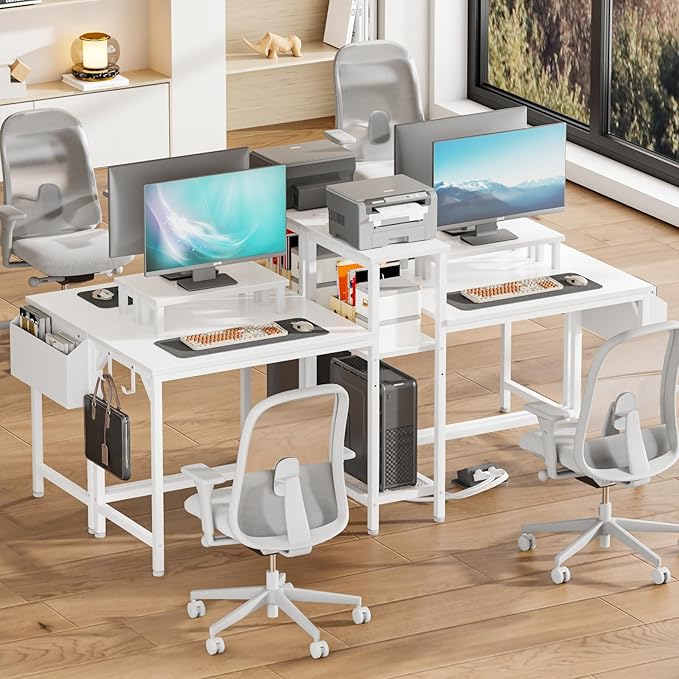 Furologee 2 Person Gaming Desk with LED Lights, 71 Inch Computer Desk with Power Outlets and Monitor Stand, Double Desk with Storage Bag and Headphone Hooks, Study Writing Table for Home Office, White - LeafyLoom