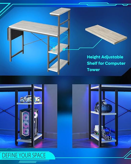 Bestier Computer Desk with 4 Tiers Shelves, Gaming Desk with LED lights, 44 Inch Office Desk with Storage Bag & Printer Shelf (Retro Grey Oak) - LeafyLoom