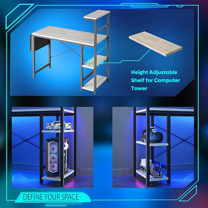 Bestier Computer Desk with 4 Tiers Shelves, Gaming Desk with LED lights, 44 Inch Office Desk with Storage Bag & Printer Shelf (Retro Grey Oak) - LeafyLoom