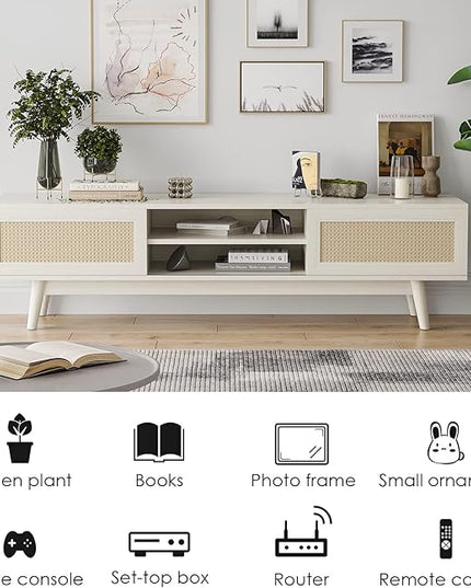 STARY 65''Mid Century Modern TV Stand,Boho Media Console Entertainment Center with Cable Management for Living Room, White - LeafyLoom