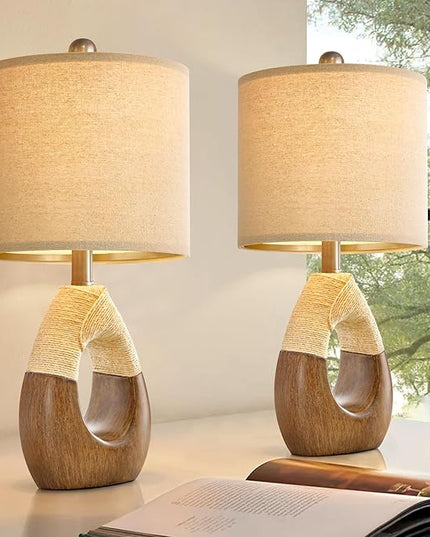 OYEARS Boho Table Lamps Bedroom Living Room Set 2 Sleeping and Reading,Small Farmhouse RattanTable Lamp 19”Rustic Egg Design Resin Light Decoration,Nightstand Bedside Lamps for Office Study Rest - LeafyLoom