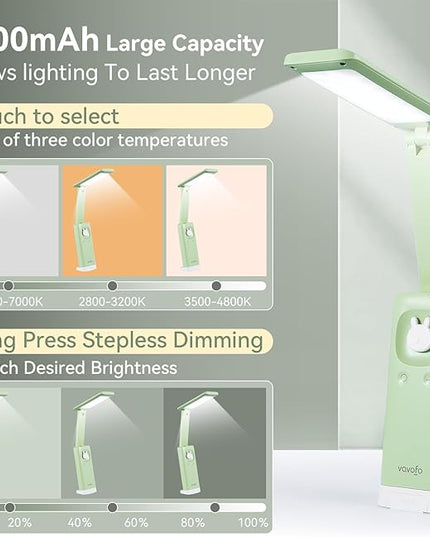 VAVOFO Cordless Desk Lamp, 6000mAh Battery Powered Desk Lamp, Foldable Desk Lamp, Three Color Temperatures, USB C Rechargeable Desk Lamp, Ideal Cute Desk Accessory for Students and Home Offices - LeafyLoom
