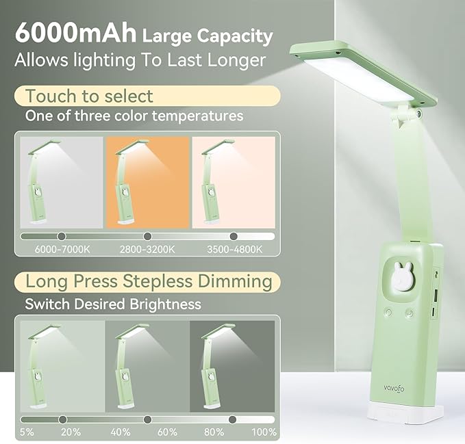 VAVOFO Cordless Desk Lamp, 6000mAh Battery Powered Desk Lamp, Foldable Desk Lamp, Three Color Temperatures, USB C Rechargeable Desk Lamp, Ideal Cute Desk Accessory for Students and Home Offices - LeafyLoom