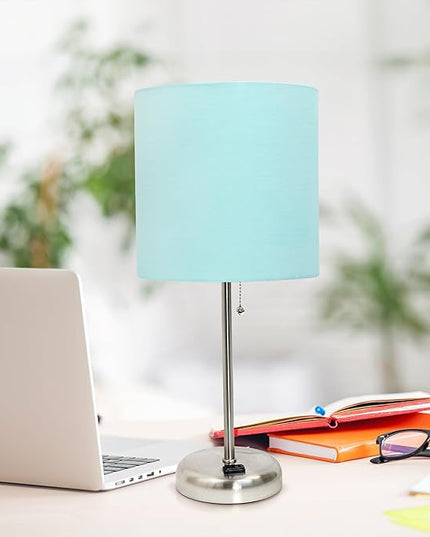 Simple Designs LT1144-AQU Sleek and Slender Brushed Steel Table Lamp with Charging Outlet, for Bedroom, Living Room, Entryway, Office, Dining Room, Study, Aqua Shade - LeafyLoom