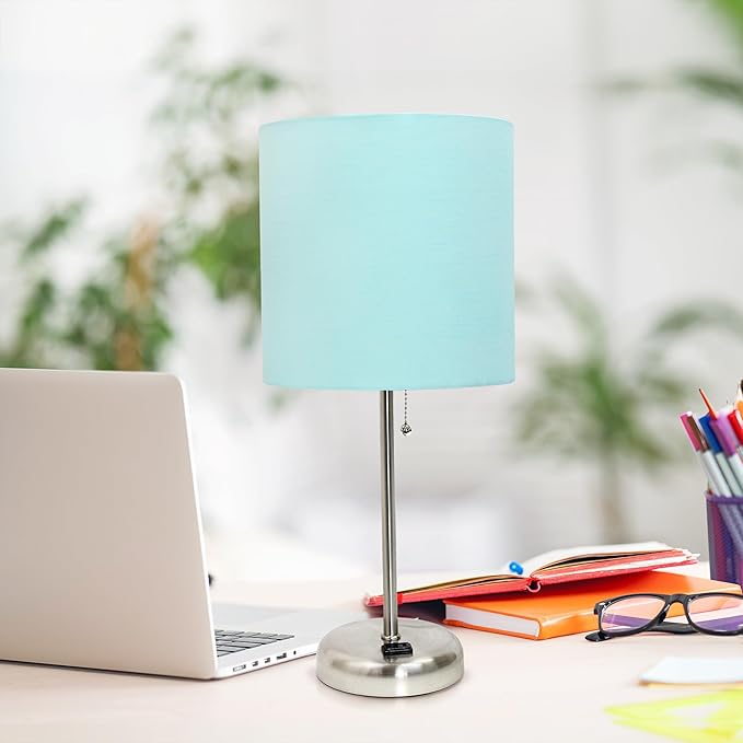 Simple Designs LT1144-AQU Sleek and Slender Brushed Steel Table Lamp with Charging Outlet, for Bedroom, Living Room, Entryway, Office, Dining Room, Study, Aqua Shade - LeafyLoom