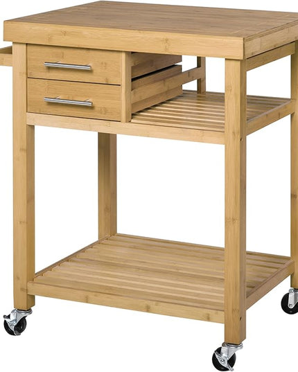 HOMCOM Bamboo Kitchen Island Cart on Wheels, Utility Trolley Cart with 2 Storage Drawers and Open Shelves, Natural - LeafyLoom
