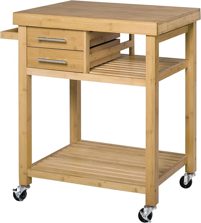 HOMCOM Bamboo Kitchen Island Cart on Wheels, Utility Trolley Cart with 2 Storage Drawers and Open Shelves, Natural - LeafyLoom