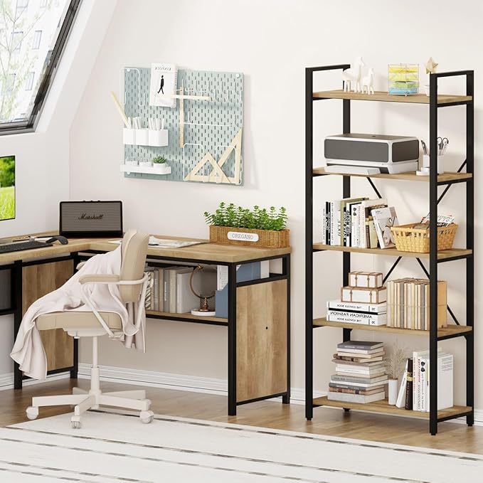 FATORRI 5 Tier Bookshelf, Industrial Wood and Metal Book Shelves for Display, Tall Etagere Bookcase and Rustic Shelving Unit (Rustic Oak) - LeafyLoom