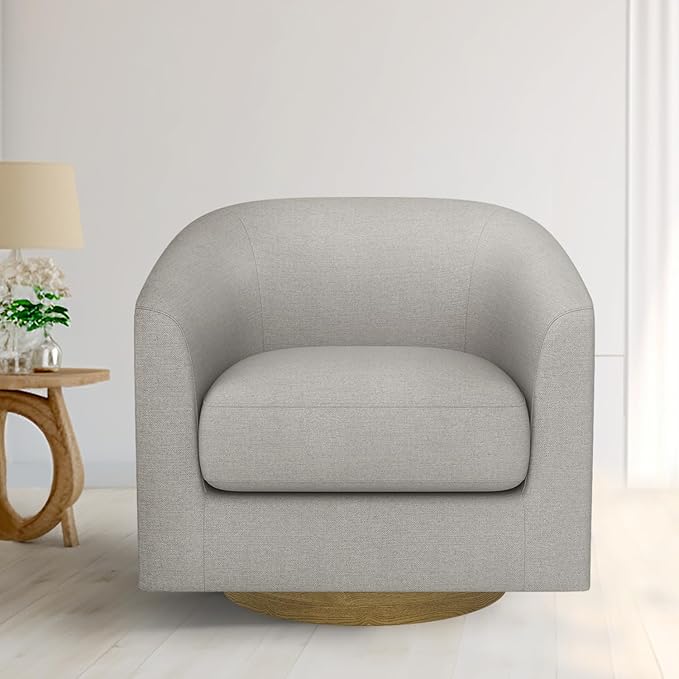 MUUEGM Accent Chair with Arms, 360 Degree Swivel Accent Chair with Wood Base, Modern Barrel Chair for Living Room, Bedroom, Waiting Room, Fully Assembled,Performance Fabric in Light Grey - LeafyLoom