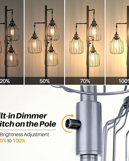 Floor Lamp with 3 LED Edsion Bulbs, Farmhouse Tall Standing Lamp for Living Room, Dimmable Industrial Rustic Grey Tree Bright Vintage Pole Light with Cage Shades for Bedroom Home Decor - LeafyLoom