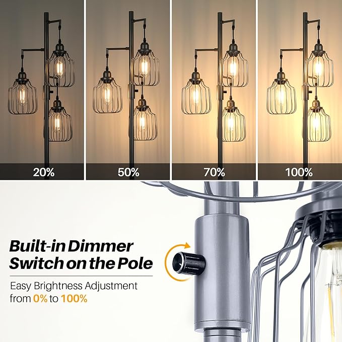 Floor Lamp with 3 LED Edsion Bulbs, Farmhouse Tall Standing Lamp for Living Room, Dimmable Industrial Rustic Grey Tree Bright Vintage Pole Light with Cage Shades for Bedroom Home Decor - LeafyLoom