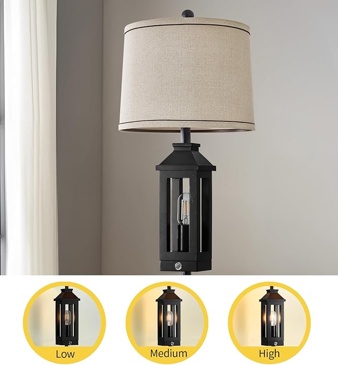 63" Floor Lamps for Living Room Bedside Nightstand Lamp All Black Tall Standing Lamp for Home Decor Bedroom Reading Lamp Farmhouse Rustic Bed Lights with 2 Light Sources (2 Bulbs) - LeafyLoom