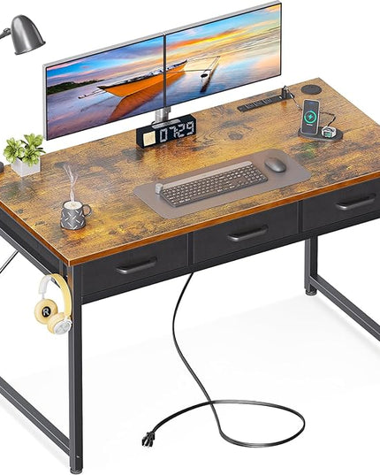 AODK 48 Inch Computer Desk with 3 Fabric Drawers, Office Desk with USB/Type-C Charging Ports & Power Outlets, Vanity Desk with Iron Hook for Bedroom, Study/Writing/Work Table for Bedroom,Vintage - LeafyLoom