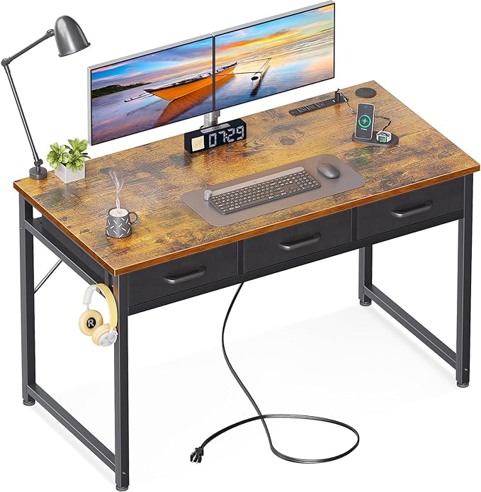 AODK 48 Inch Computer Desk with 3 Fabric Drawers, Office Desk with USB/Type-C Charging Ports & Power Outlets, Vanity Desk with Iron Hook for Bedroom, Study/Writing/Work Table for Bedroom,Vintage - LeafyLoom
