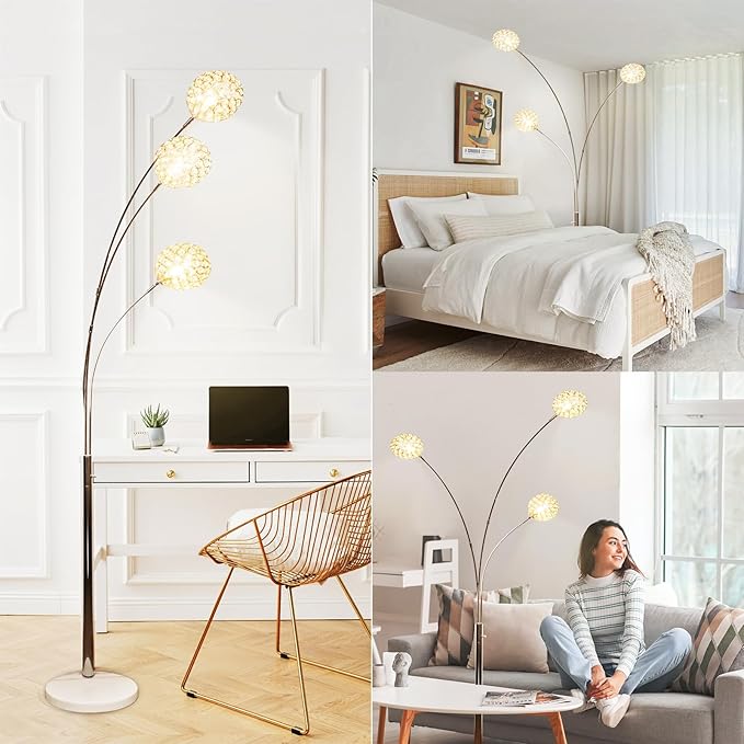 Depuley 3-Light Modern LED Floor Lamp, Adjustable Metal Tall Standing Lamps with Marble Base, Dimmable Arc Floor Lamp with Flexible Rotating Lights for Living Room, Bedroom(Silver, G9 Bulbs Included) - LeafyLoom