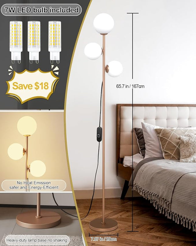 Mid Century Modern Floor Lamp for Living Room Easy to Install, 3 Globe Lights Tall Gold Floor Lamp with Glass Shades and Bulbs, Dimmable Standing Lamp Vintage Floor Lamps for Bedroom Office - LeafyLoom