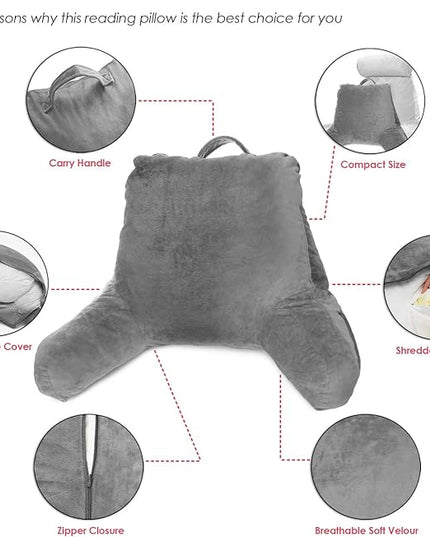 Clara Clark Reading Pillow, Standard Back Pillow for Sitting Up in Bed, Memory Foam Back Support Pillow, Reading Pillows for Sitting in Bed, Grey Sit Up Pillow for Bed Chair Arm Pillow with Pockets - LeafyLoom