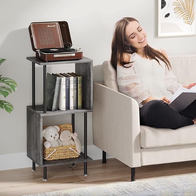 3 Tier Modern Bookshelf, S-Shaped Bookcase,Small Book Shelf for Small Spaces, Unique Bookshelf for Storage Organizer Living Room Bedroom Home Office, Grey - LeafyLoom