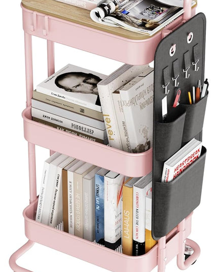DTK 3 Tier Metal Utility Rolling Cart with Table Top and Side Bags, Metal Tray Storage Organizer Cart with Wheels, Art Craft Cart with 4 Hooks for Kitchen Bathroom Office Living Room (Pink) - LeafyLoom