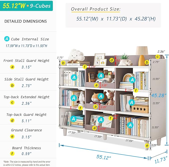 Wooden Cube Bookcase with Legs - 3-Tier Open Shelf Kidsroom Cabinet Organizer Sorted Storage for Toys and Books, 9-Cube Lattice Cute Cubby Bookshelf, White Mixed Mocha Brown, 55" W - LeafyLoom