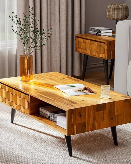 Bme Solid Wood Coffee Table with Storage Drawers & Console Table with Geometric Details, 2 Drawers Each, Brown - LeafyLoom