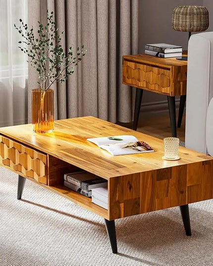 Bme Georgina Solid Wood Coffee Tables & Nightstands with Geometric Details, 2 Drawers - LeafyLoom