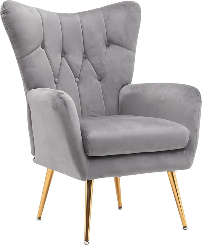 US Pride Furniture Modern Accent Chair with Ergonomic High Wingback, Microfiber Upholstered Armchair with Metal Legs for Living Room, Bedroom, Office or Vanity, Grey - LeafyLoom