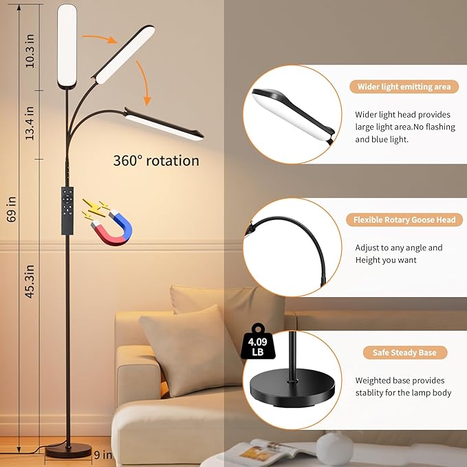 [2024 New] Frideko LED Floor Lamp, 18W 1800LM Super Bright Floor Light with Remote & Touch Control, Dimmable Timing 4 Colors Eye Caring Reading Light, Gooseneck Modern Standing Lamp for Living Room - LeafyLoom