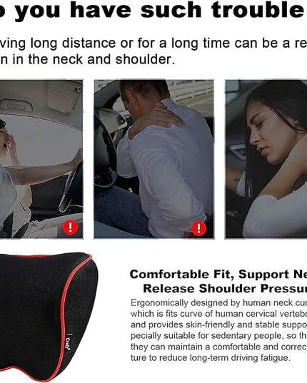 2 Pack Car Neck Pillow, Softness Car Headrest Pillow for Driving with Adjustable Strap, 100% Memory Foam and Breathable Removable Cover, Comfortable Ergonomic Design (Red Side Rope) - LeafyLoom