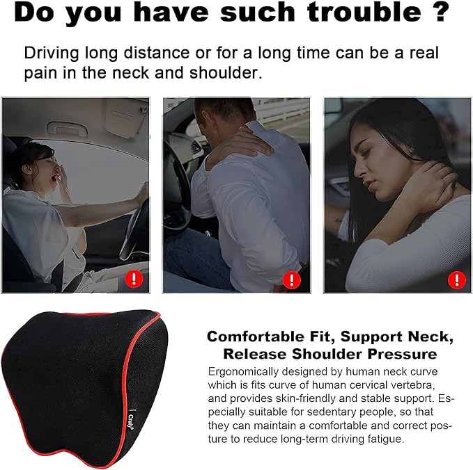 2 Pack Car Neck Pillow, Softness Car Headrest Pillow for Driving with Adjustable Strap, 100% Memory Foam and Breathable Removable Cover, Comfortable Ergonomic Design (Red Side Rope) - LeafyLoom