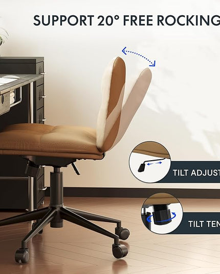 FLEXISPOT Cross Legged Office Chair for Vanity Desk Criss Cross Chair with Wheels Vanity Chair Armless Home Office Desk Chair Comfy Wide Seat Cushion(Coffee Brown) - LeafyLoom