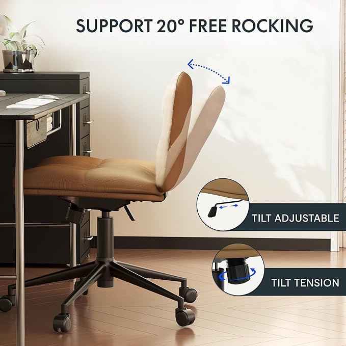 FLEXISPOT Cross Legged Office Chair for Vanity Desk Criss Cross Chair with Wheels Vanity Chair Armless Home Office Desk Chair Comfy Wide Seat Cushion(Coffee Brown) - LeafyLoom