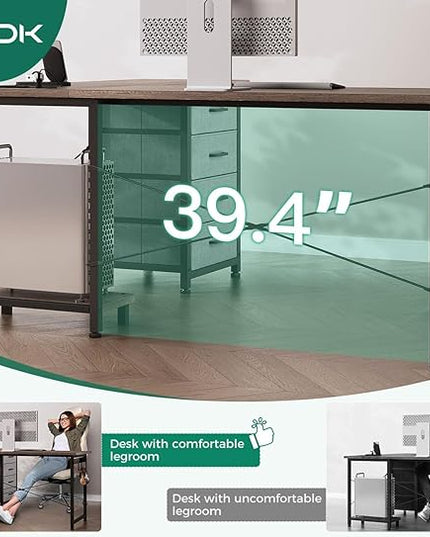 AODK L Shaped Desk with 4 Tier Drawers, 53" Reversible Gaming Desk with Power Outlets, L Shaped Computer Desk with USB Charging Port and Host Stand, Home Office Corner Desk, Easy to Assemble, Grey Oak - LeafyLoom