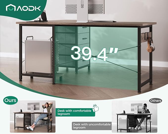 AODK L Shaped Desk with 4 Tier Drawers, 53" Reversible Gaming Desk with Power Outlets, L Shaped Computer Desk with USB Charging Port and Host Stand, Home Office Corner Desk, Easy to Assemble, Grey Oak - LeafyLoom