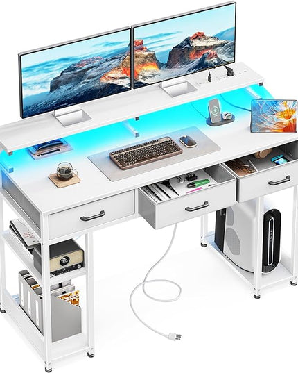 AODK 48 inch Computer Desk with 3 Drawers, Gaming Desk with LED Lights & Power Outlets, Home Office Desk with Storage Shelves & Monitor Stand, Modern Work Study Writing Table for Small Spaces, White - LeafyLoom