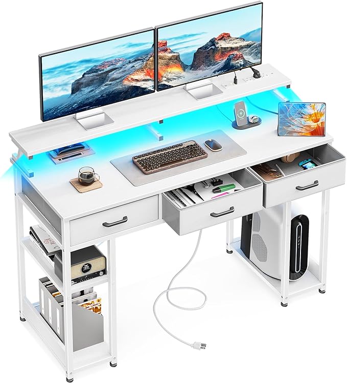 AODK 48 inch Computer Desk with 3 Drawers, Gaming Desk with LED Lights & Power Outlets, Home Office Desk with Storage Shelves & Monitor Stand, Modern Work Study Writing Table for Small Spaces, White - LeafyLoom