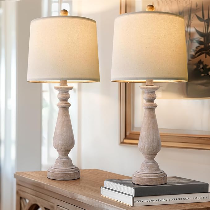 PORTRES 24.5" Mid Century Table Lamp Set of 2 for Living Room Farmhouse Linen Bedside Lamps for Bedroom Kids Room Dorm Office Rustic Lamps for End Table Nigntstand Resin - LeafyLoom