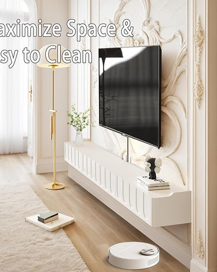 Floating TV Stand, 81'' High Gloss Wall Mounted TV Cabinet, Floating TV Shelves with Door & Drawers, Modern Entertainment Media Console Center Large Storage TV Bench for Living Room (White) - LeafyLoom