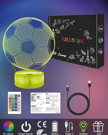 FULLOSUN Soccer Gift, Soccer Night Light (with Remote Control), 3D Illusion Lamp 16 Colors Change, Boys Kids Gift Idea for Sport Fan Boys Girls - LeafyLoom