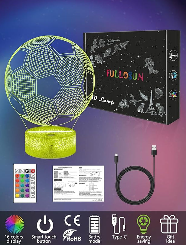 FULLOSUN Soccer Gift, Soccer Night Light (with Remote Control), 3D Illusion Lamp 16 Colors Change, Boys Kids Gift Idea for Sport Fan Boys Girls - LeafyLoom