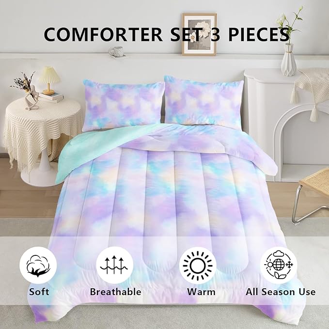 Axolotl Tie Dye Bedding Set Full,Pink Blue Purple Comforter Set,Boho Psychedelic Bedding Colorful Tie Dye Pastel Comforter Set,Rainbow Bedding Set for Kids Girls Teens Women,1 Quilt 2 Pillowcases - LeafyLoom