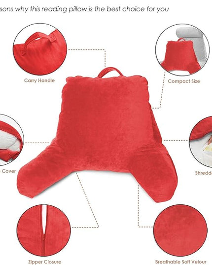 Clara Clark Reading Pillow, Standard Back Pillow for Sitting Up in Bed, Memory Foam Back Support Pillow, Reading Pillows for Sitting in Bed, Red Sit Up Pillow for Bed Chair Arm Pillow with Pockets - LeafyLoom