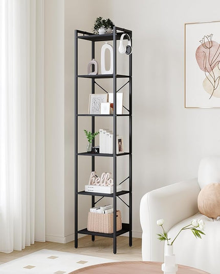 Bookshelf, Book Shelf, Industrial Bookcase with 2 Hooks, Coner Shelf Storage Organizer for Home Office, Living Room, Bedroom, Kitchen, 6-Tier Black BC10704B - LeafyLoom